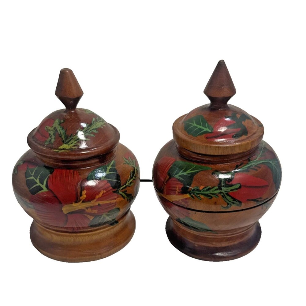 2 Vintage Hand Turned Wood Floral Lidded Bowl Glazed Hand Painted Folk Art